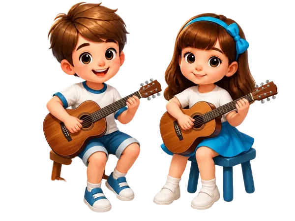 Criança aprendendo violão com apoio da família